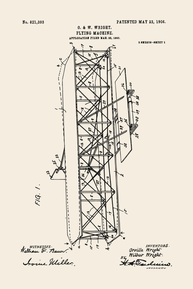 Wright Brothers flying machine patent print